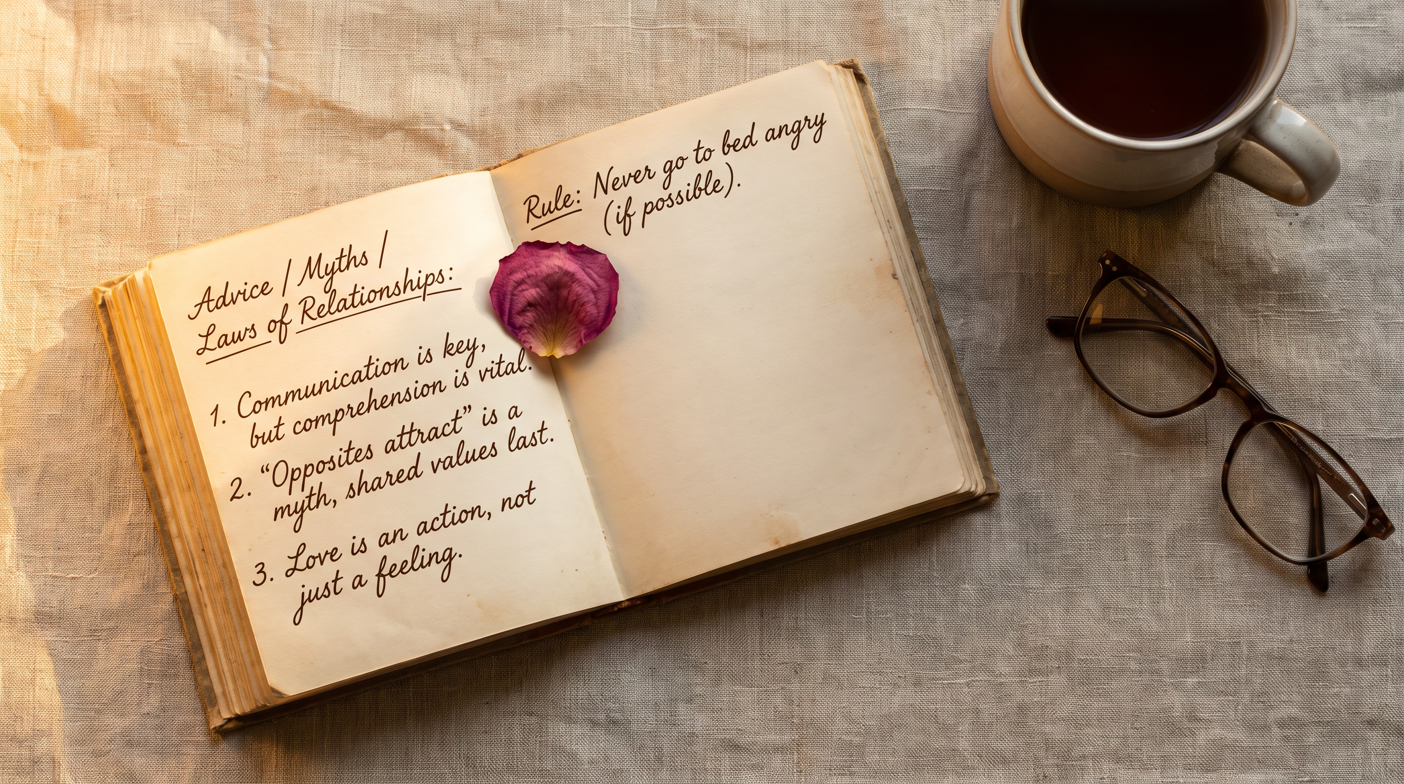 A handwritten notebook of relationship laws with a rose petal