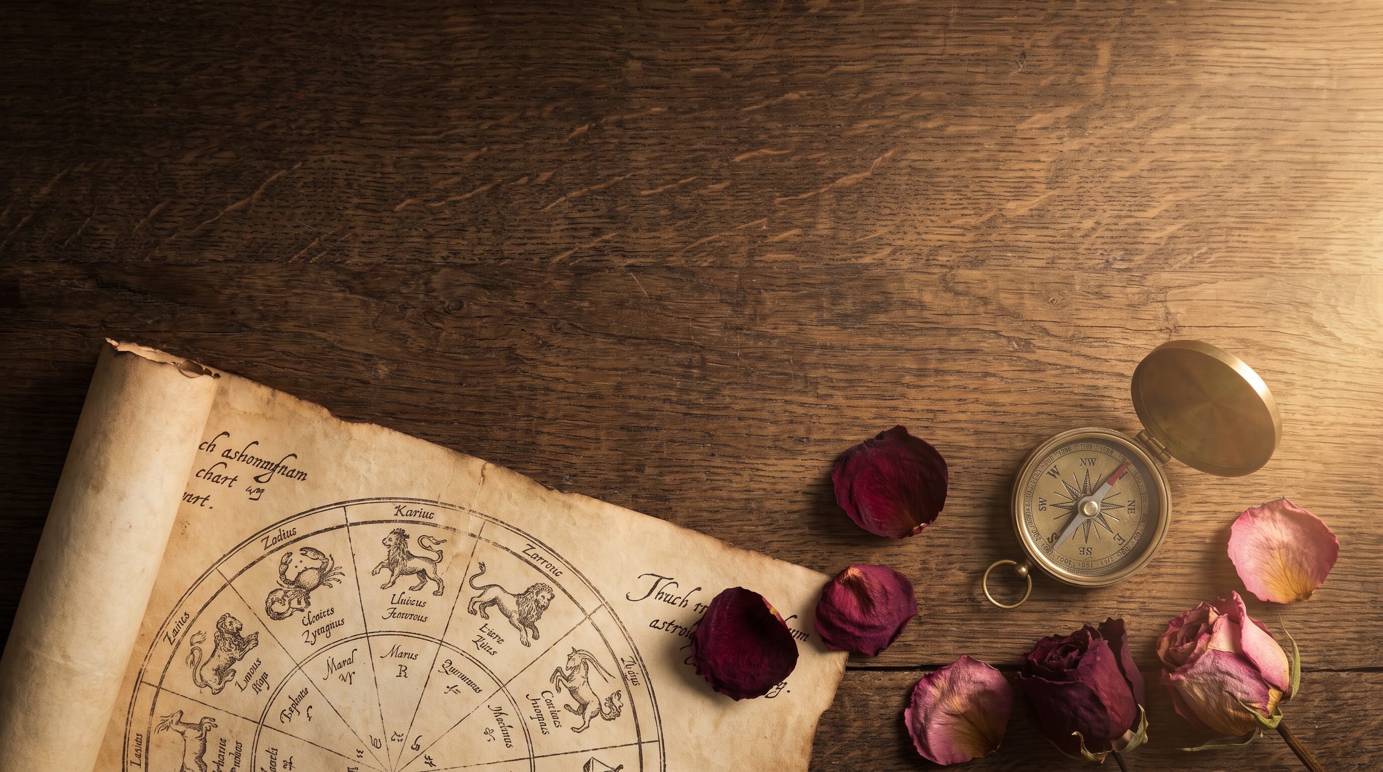 An antique astrology chart with rose petals