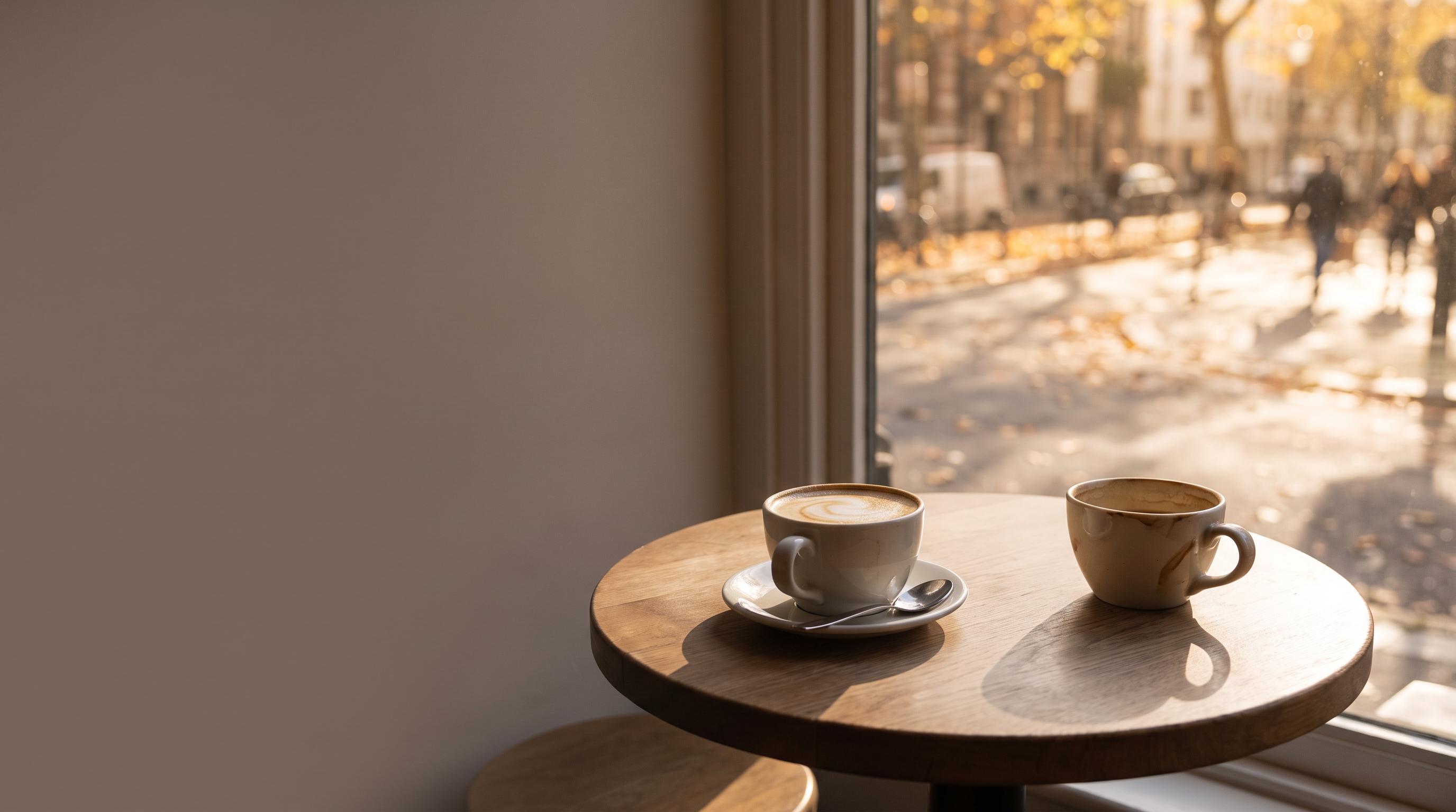 Two cups of coffee on a small round café table