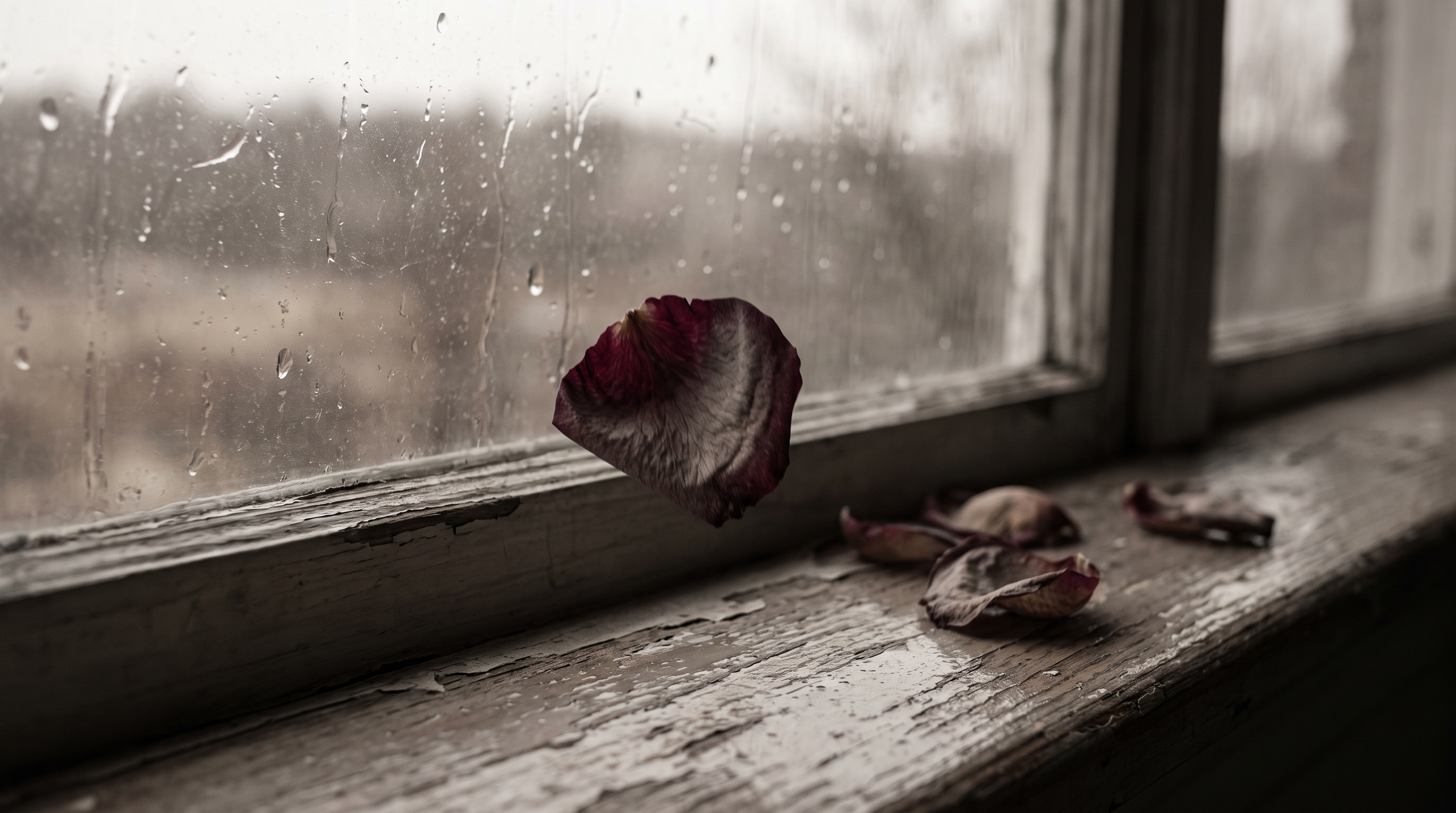 A dried rose petal on a windowsill