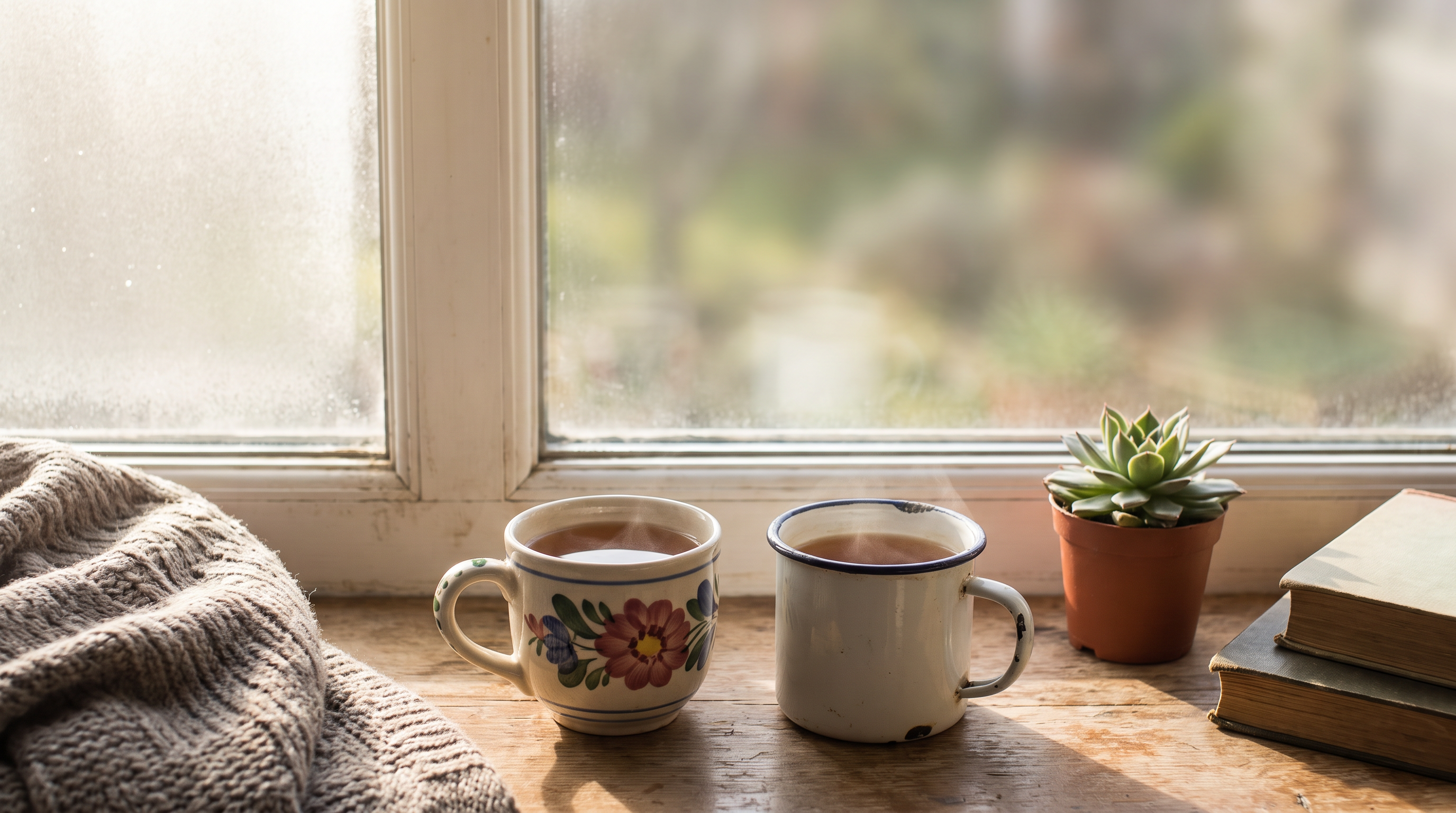 Two mugs of tea steaming on a windowsill