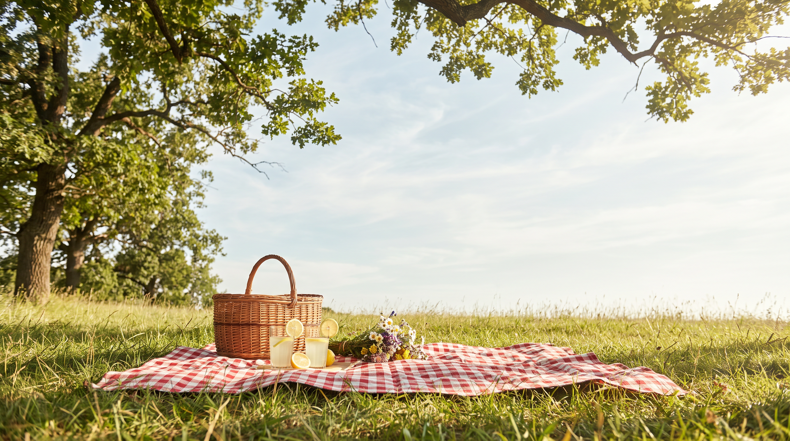 A checkered picnic blanket with a basket under trees