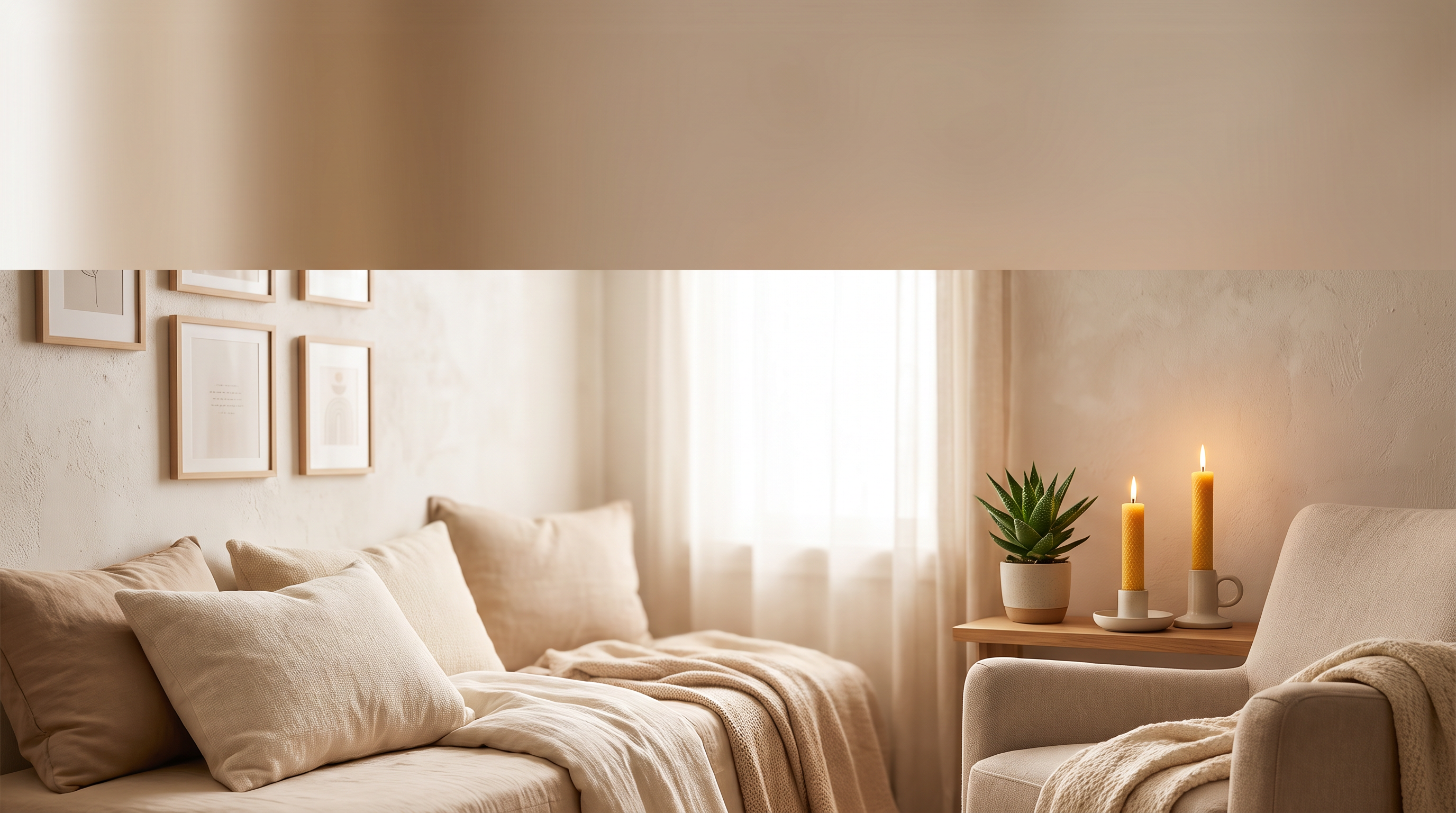 A cozy softly lit bedroom nook with candles