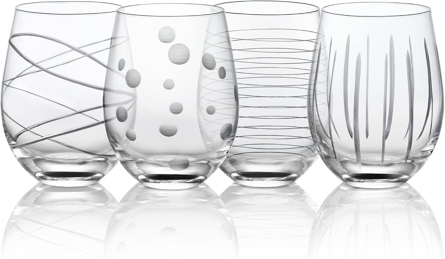 Hand Blown Etched Stemless Wine Glasses, Set of 4