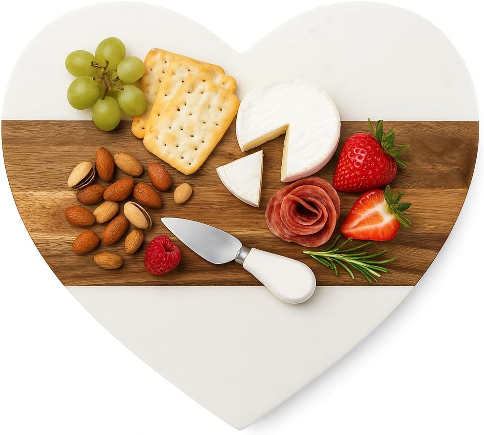 Heart Shaped Charcuterie Board, Marble & Acacia Wood