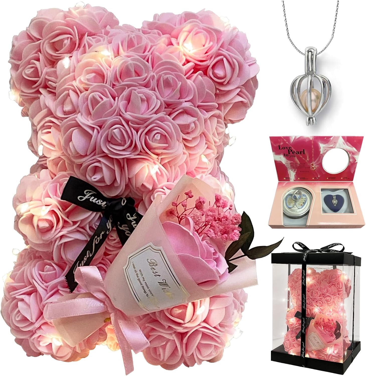 Preserved Rose Bear with Bouquet & Keepsake Necklace