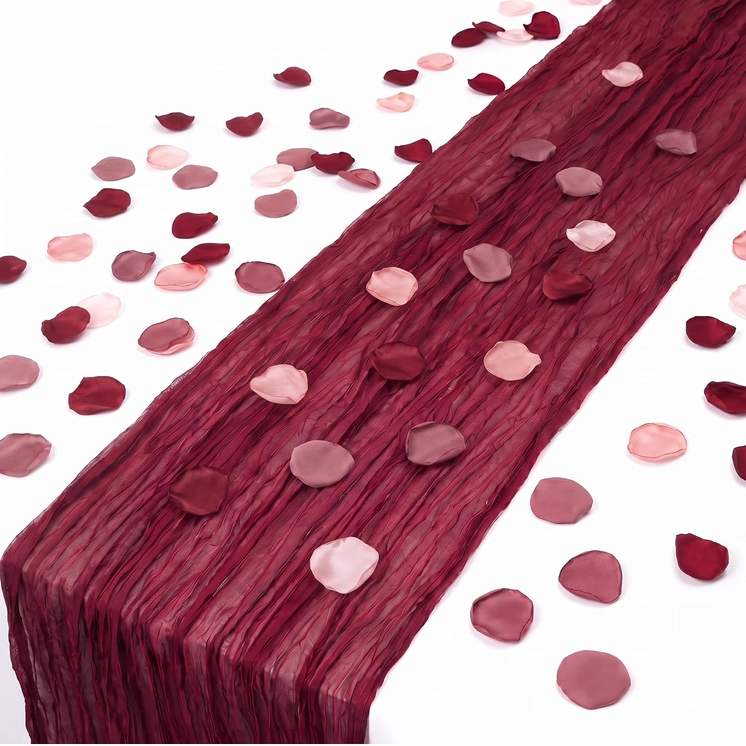 Burgundy Cheesecloth Table Runner with Rose Petals