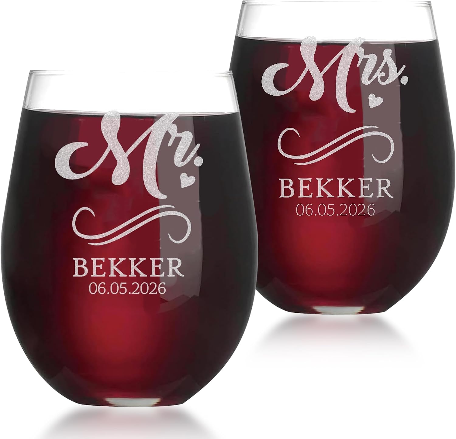 Mr and Mrs Custom Engraved Stemless Wine Glass Set