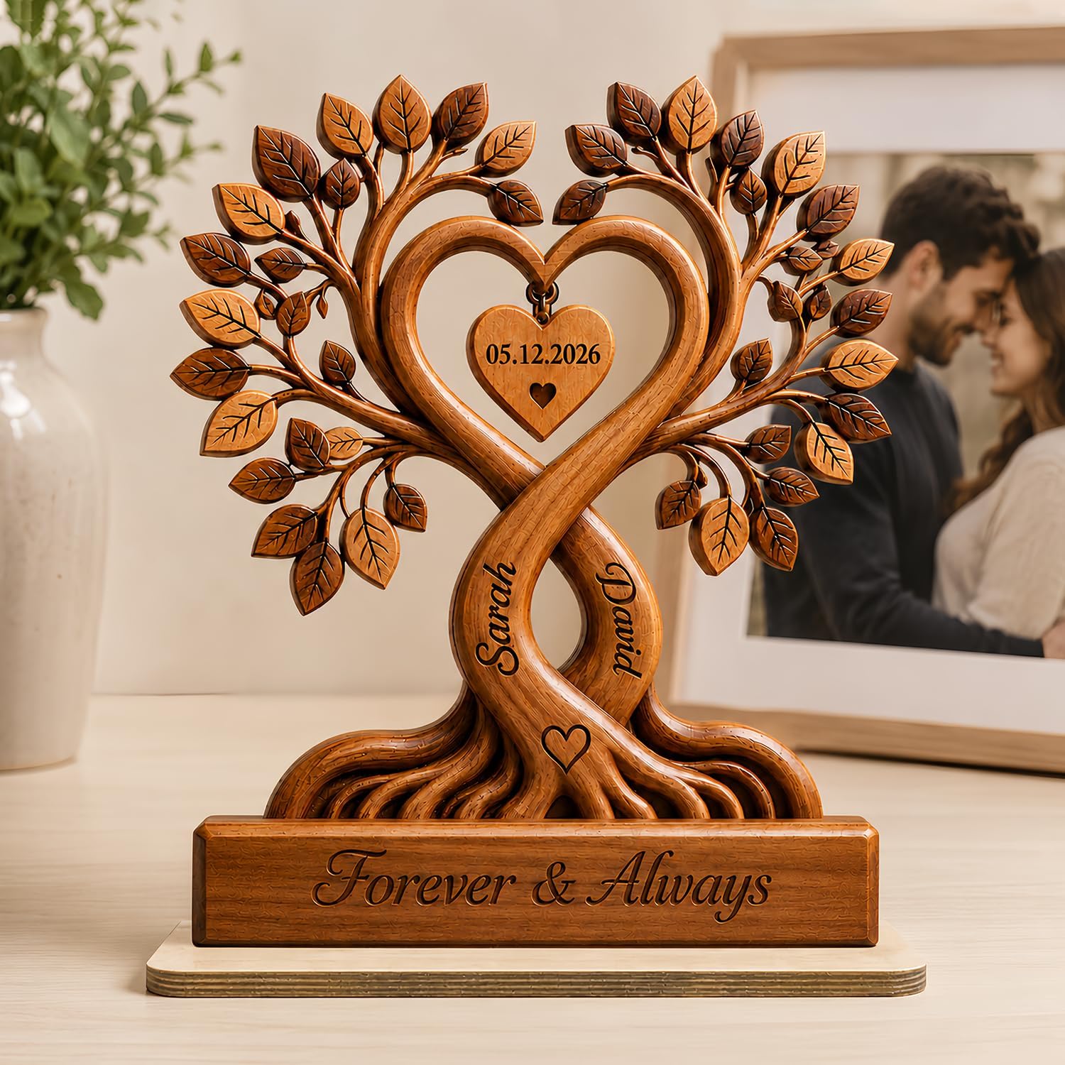Personalized Couple Heart Tree Wooden Plaque