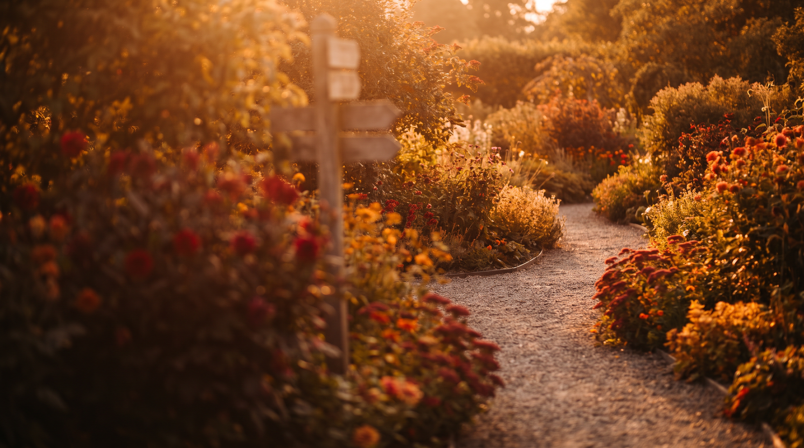A garden path diverging at golden hour
