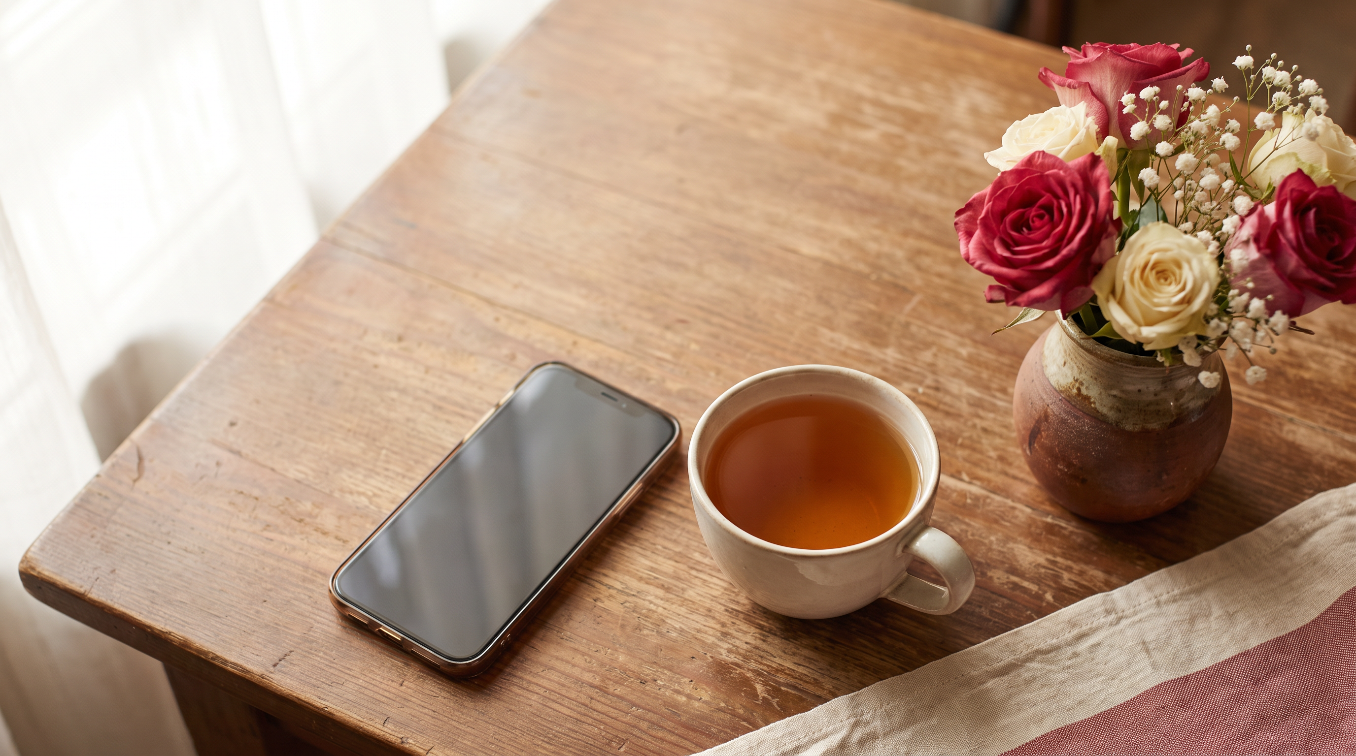 A phone resting on a table beside tea and flowers