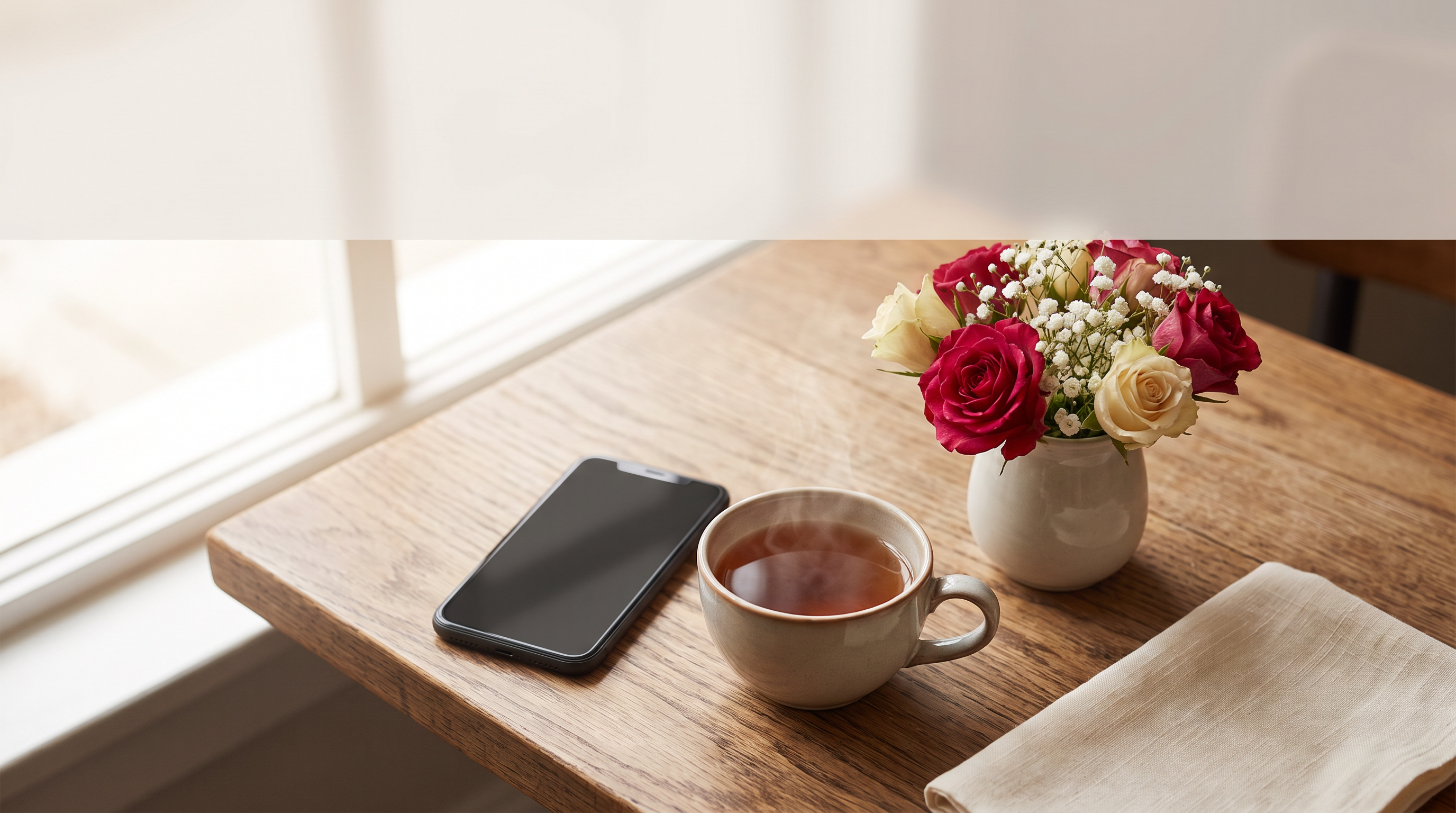 A phone resting beside tea and flowers on a café table