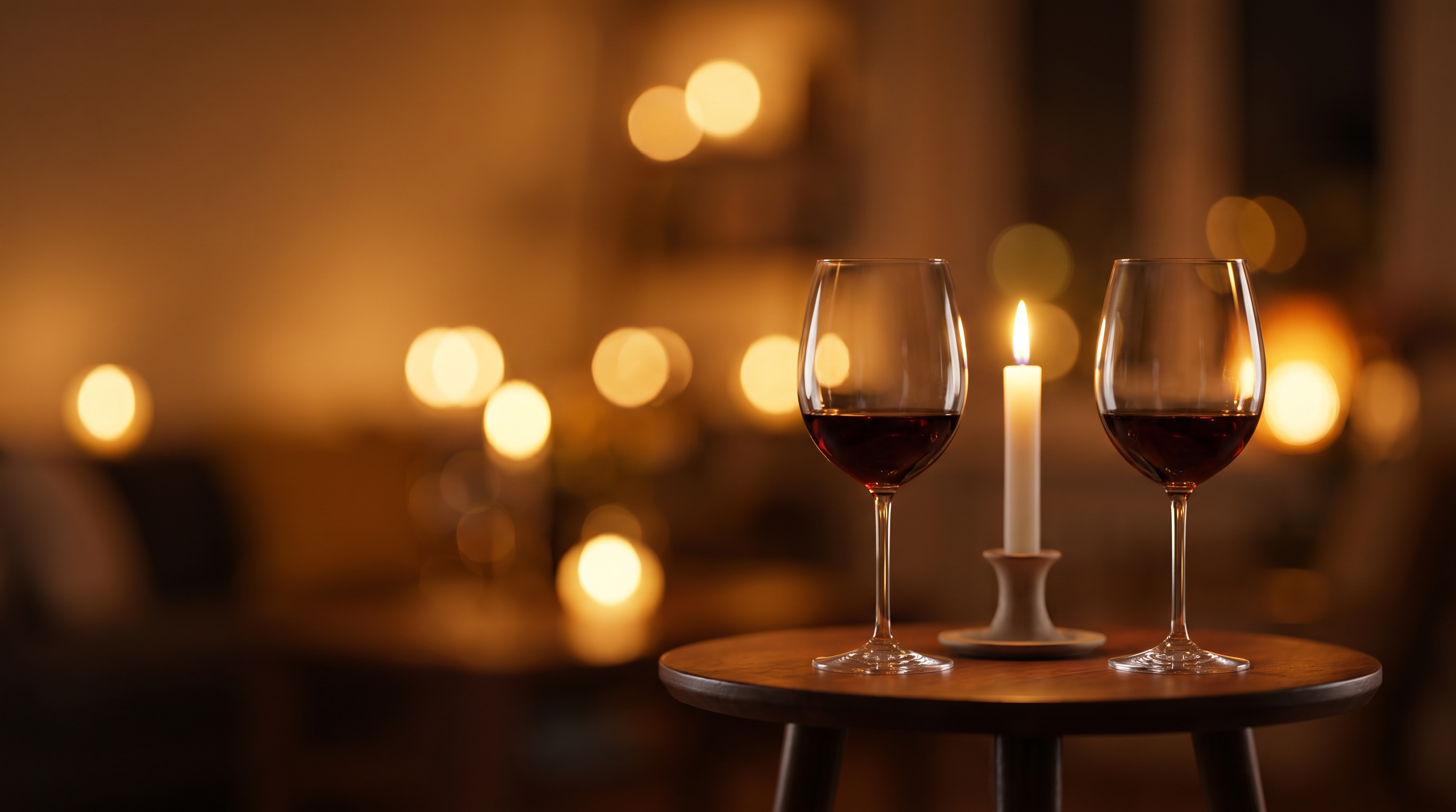 Two glasses of red wine by candlelight outdoors