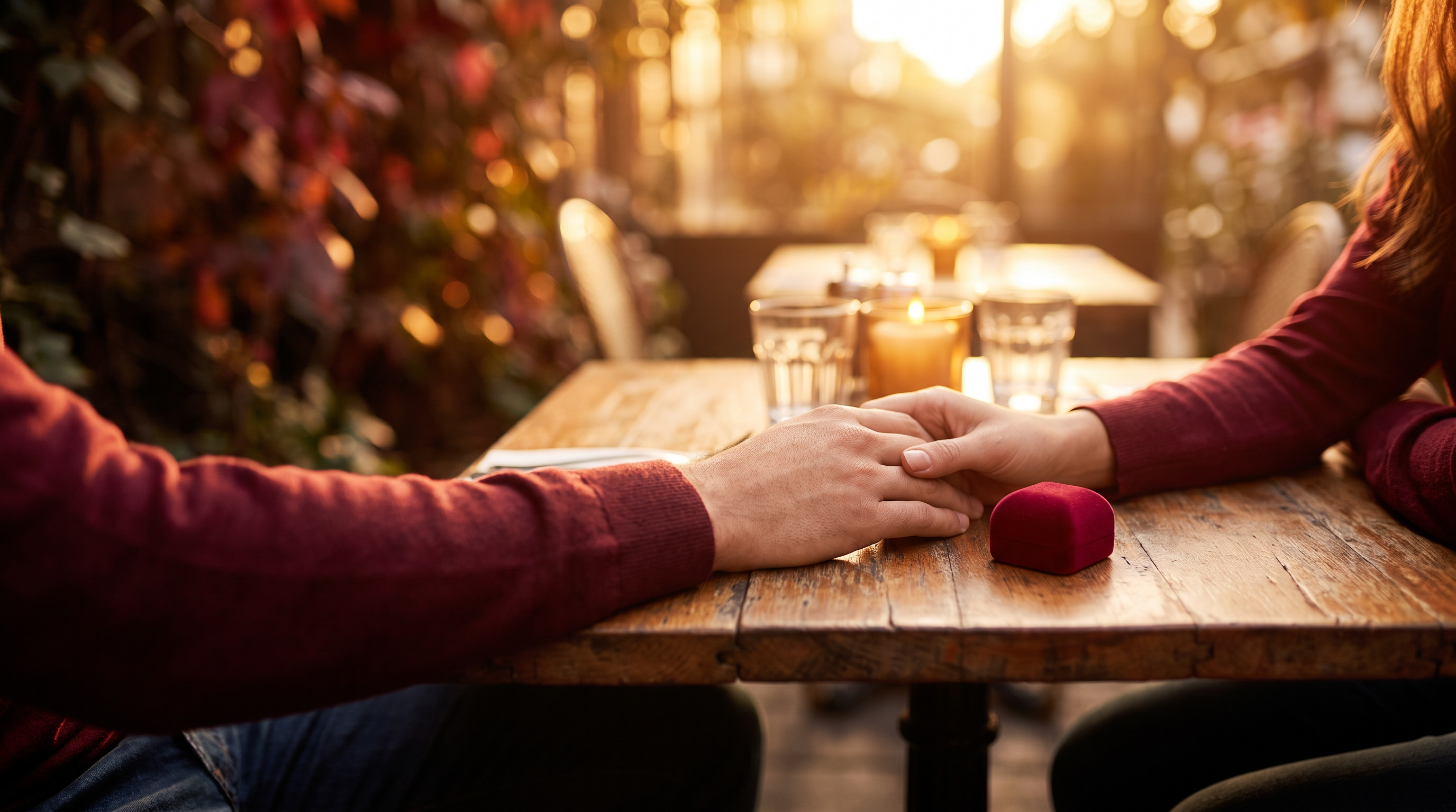 A couple holding hands beside a wedding ring box