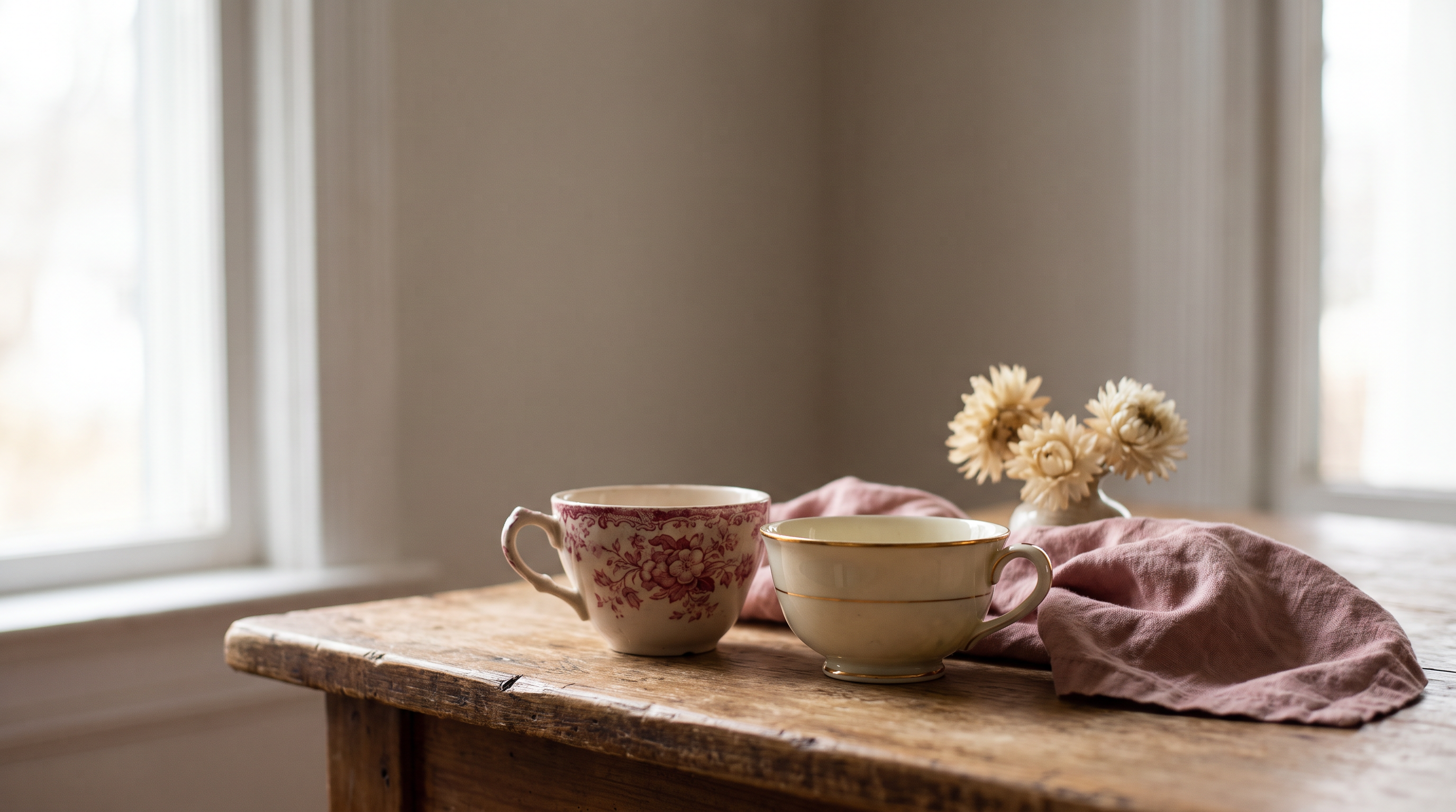 Two vintage teacups with rose petals on a wood table