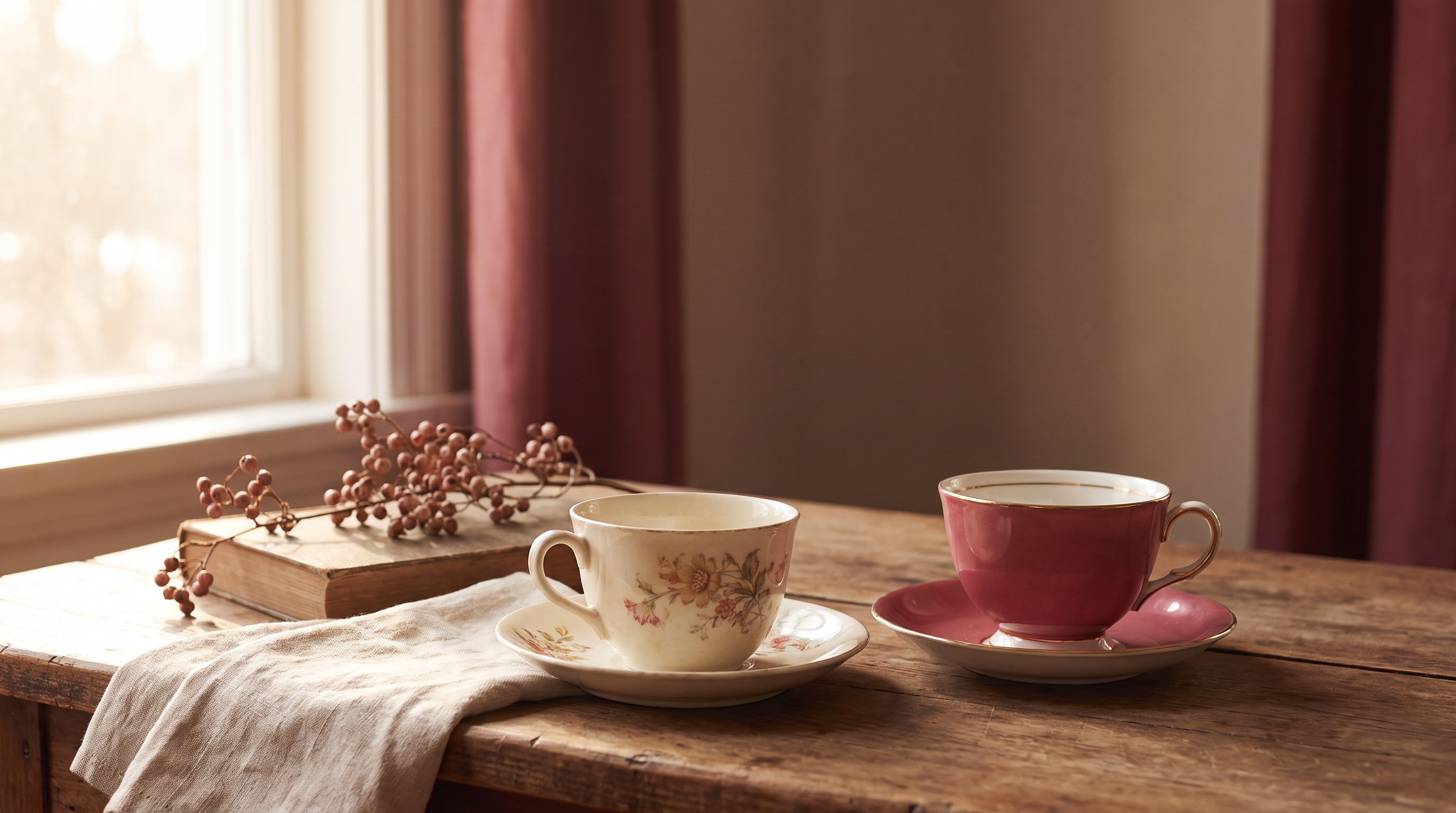 A vintage teacup with a pressed rose branch