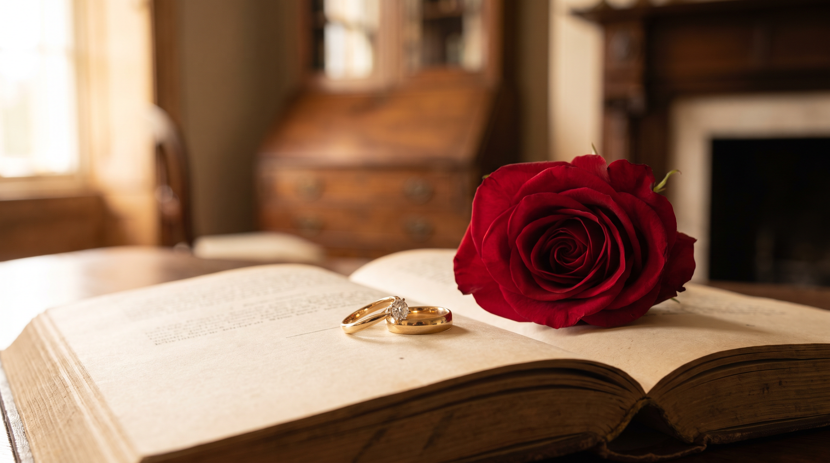 Wedding rings and a rose on an open book